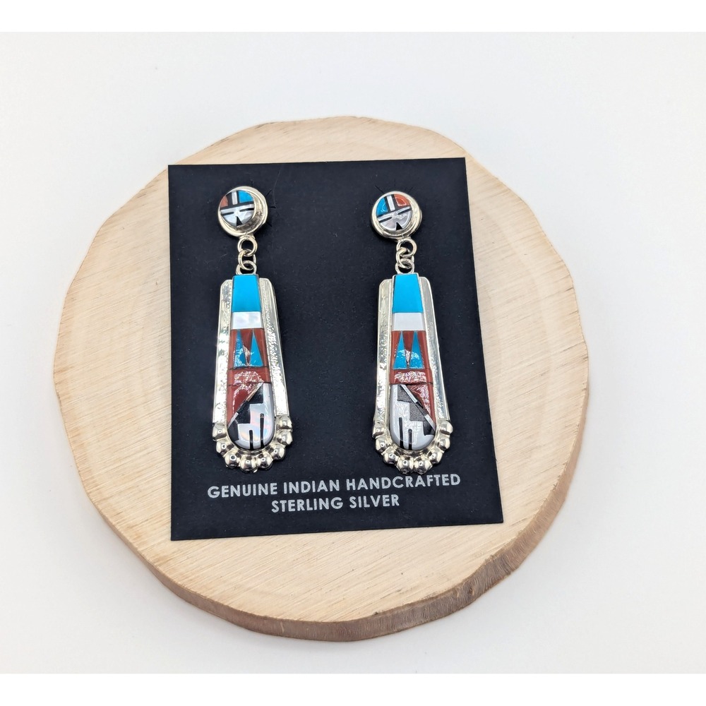 Zuni Multi Stone Inlay Turquoise Drop Earrings Native American Sterling Jewelry* - Picture 4 of 12